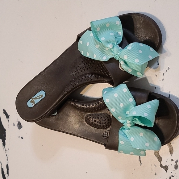 Okal Oka See Women's Slides Sandals Brown Aqua/White Polka-dots Bow Sz M/L EUC - Picture 1 of 7